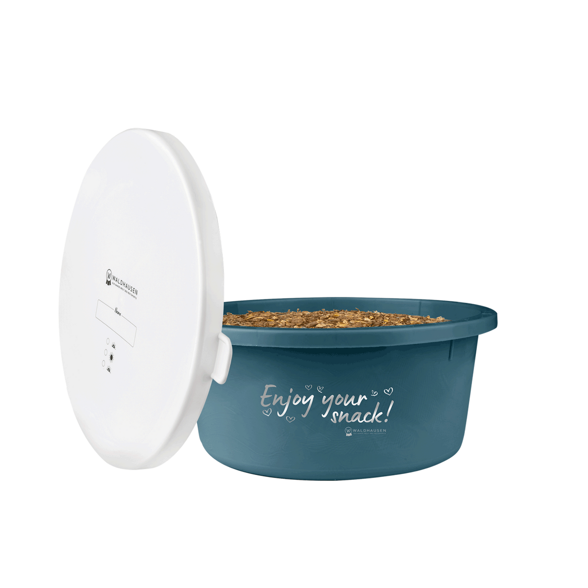 Waldhausen Small Feeding Bowl "Enjoy Your Snack" With Lid #colour_petrol-blue