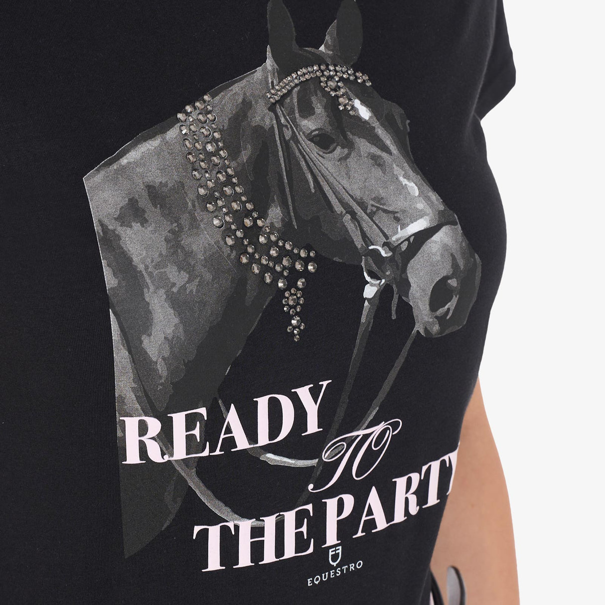 Equestro Women's Slim Fit Cotton T-Shirt Ready To Jump Print With Rhinestones #colour_black