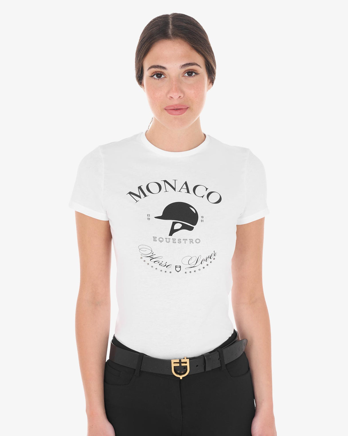 Equestro Women's Monaco Cotton T-Shirt With Rhinestones #colour_white