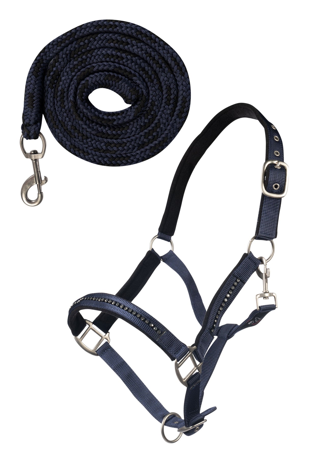 HKM Head Collar Set With Snap Hook -Crystal- Soft Padded #colour_deep-blue-black
