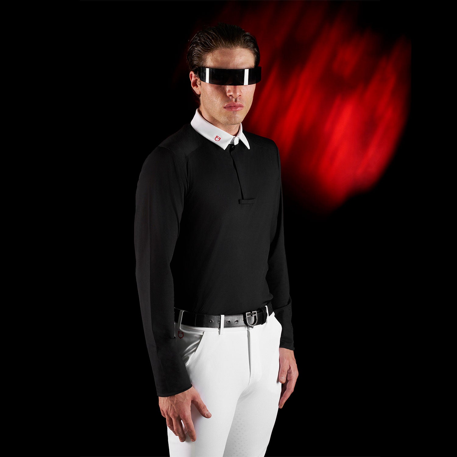 Equestro Equestro Ridertechnology Men's Competition Polo Shirt Long Sleeves And Buttons #colour_black