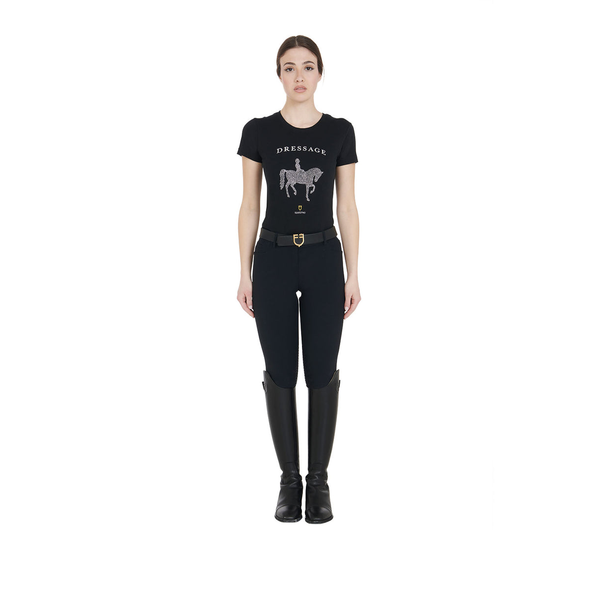 Equestro Women's Slim Fit T-Shirt Dressage With Rhinestone #colour_black