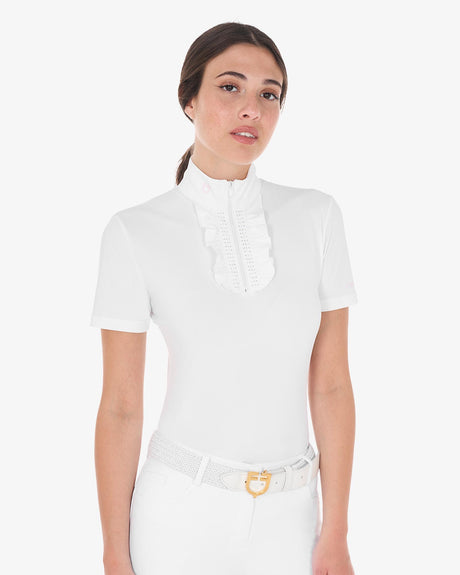 Equestro Women's Slim Fit Competition Polo Shirt With Ruffles And Rhinestones #colour_white-pink