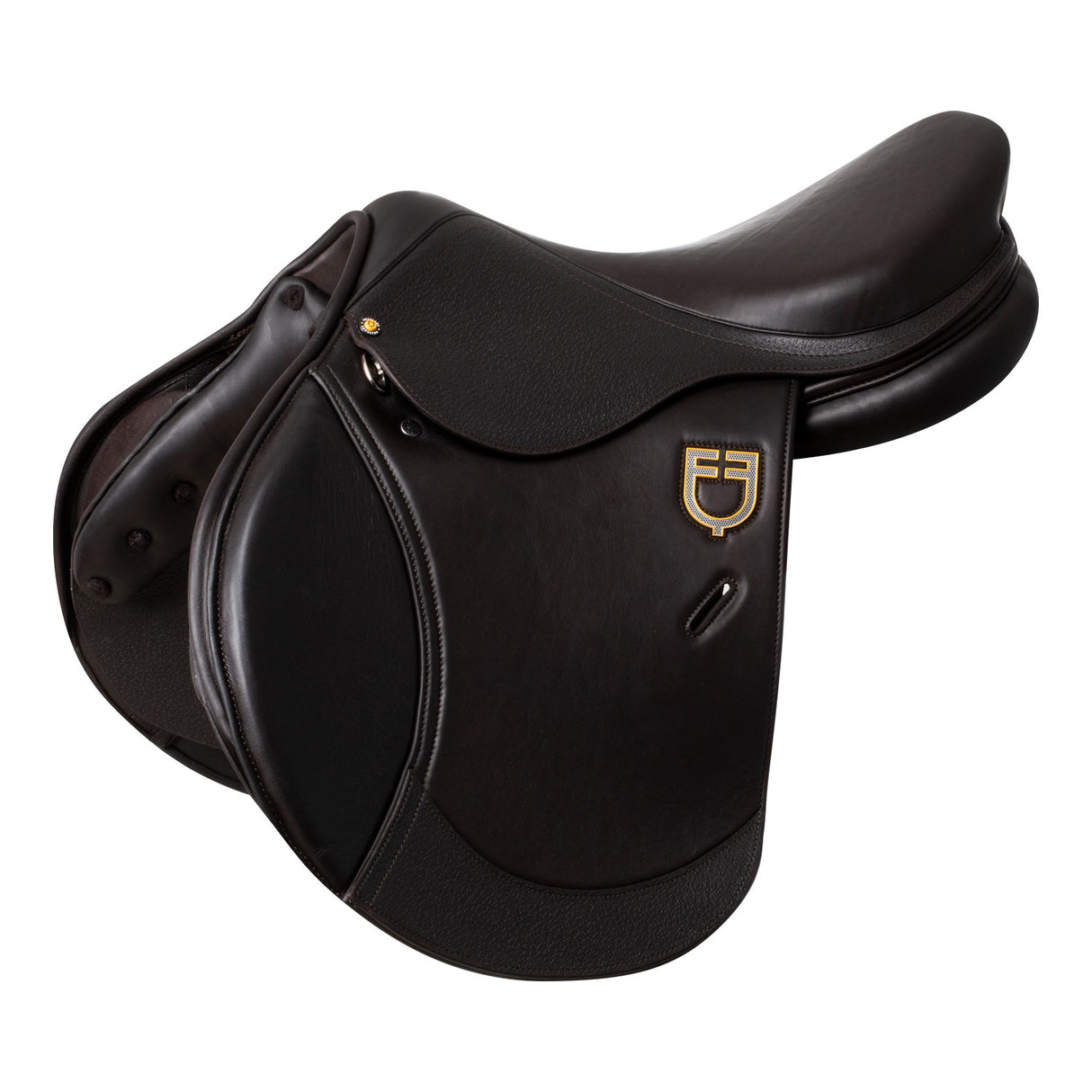 Equestro Earth Jumping Saddle In Double Leather With Embossed Logo #colour_brown