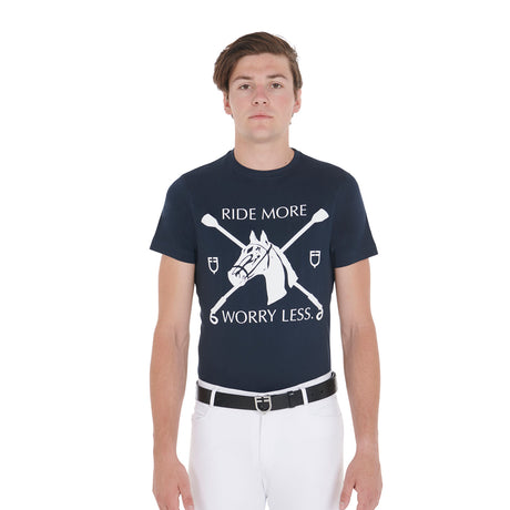 Equestro Men's Slim Fit T-Shirt With Equestrian Print #colour_blue