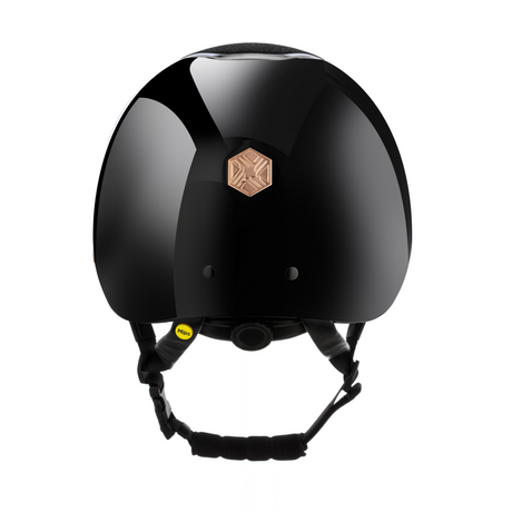 Charles Owen Hyda Sparkly riding hat in Black Gloss/Rose Gold, rear view showing the dial-fit adjuster